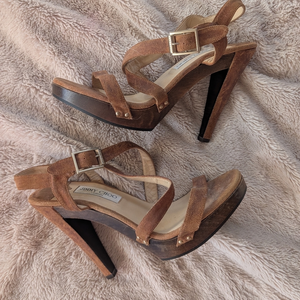 Jimmy Choo Beige Suede Vamp Platform Sandals Heels